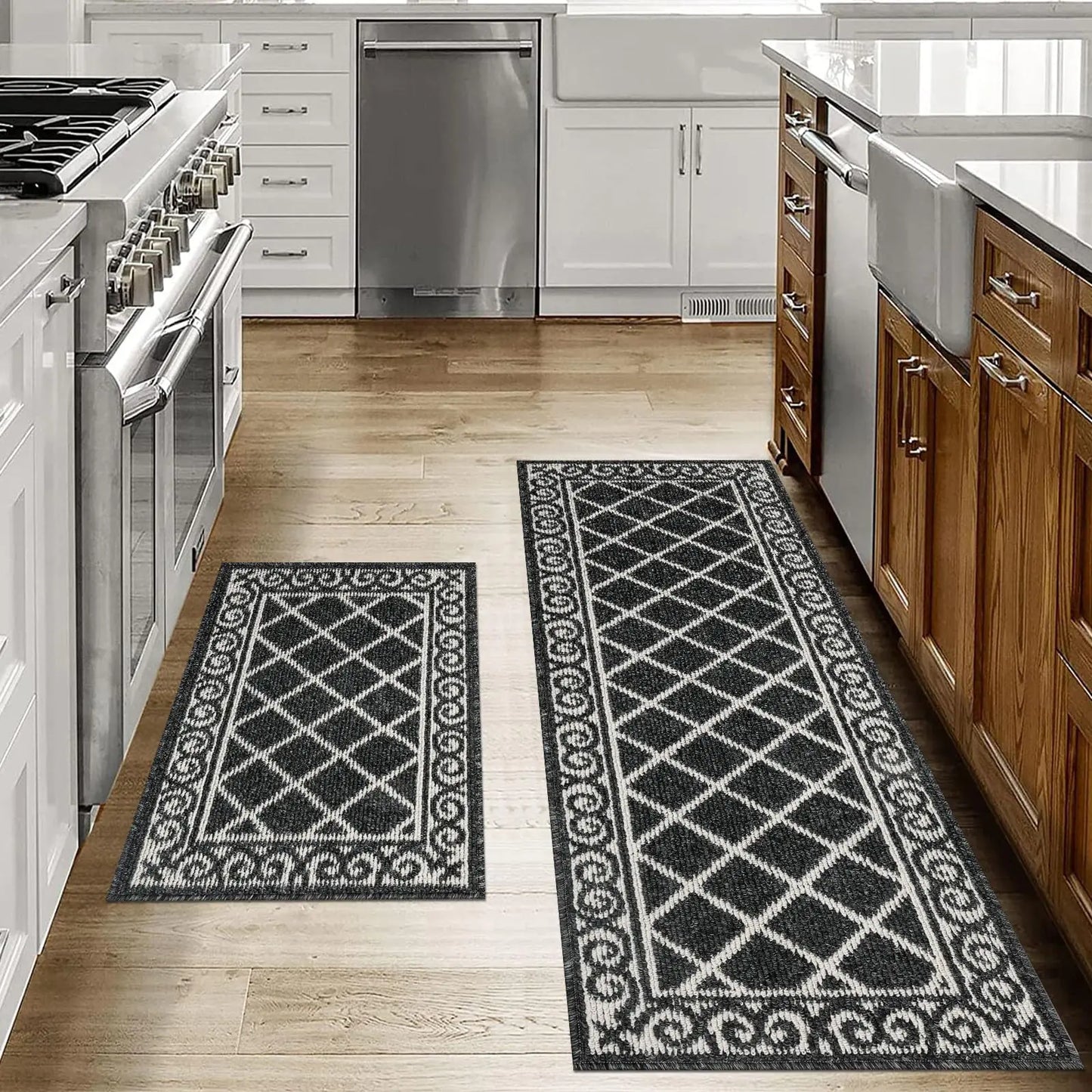 HEBE Kitchen Rug Sets 2 Piece with Runner Non Slip Kitchen Rugs and Mats Washable Kitchen Mats Set for Floor Kitchen Carpet Rug Runner for Hallway Entryway Kitchen Laundry