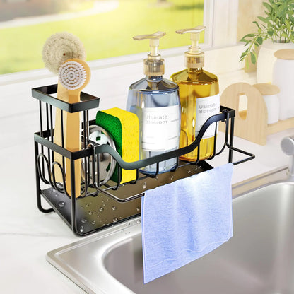 Kitchen Sink Caddy Sponge Holder for Kitchen Sink Stainless Steel Kitchen Sink Organizer and Storage with Auto-Drain Removable Brush Holder and Dishcloth Rack Kitchen Gadgets Sponge Organizer